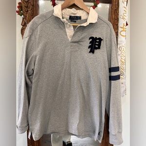 Polo Ralph Lauren Rugby Shirt P 67 XL Gray/ Blue Double Sided Stripe Sleeve